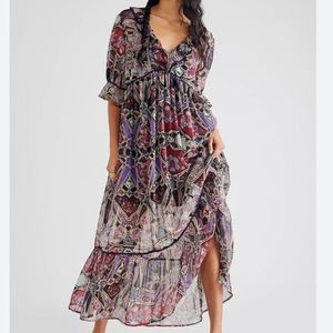 NWT Free People Carmella printed chiffon maxi dress black slip underneath XS
